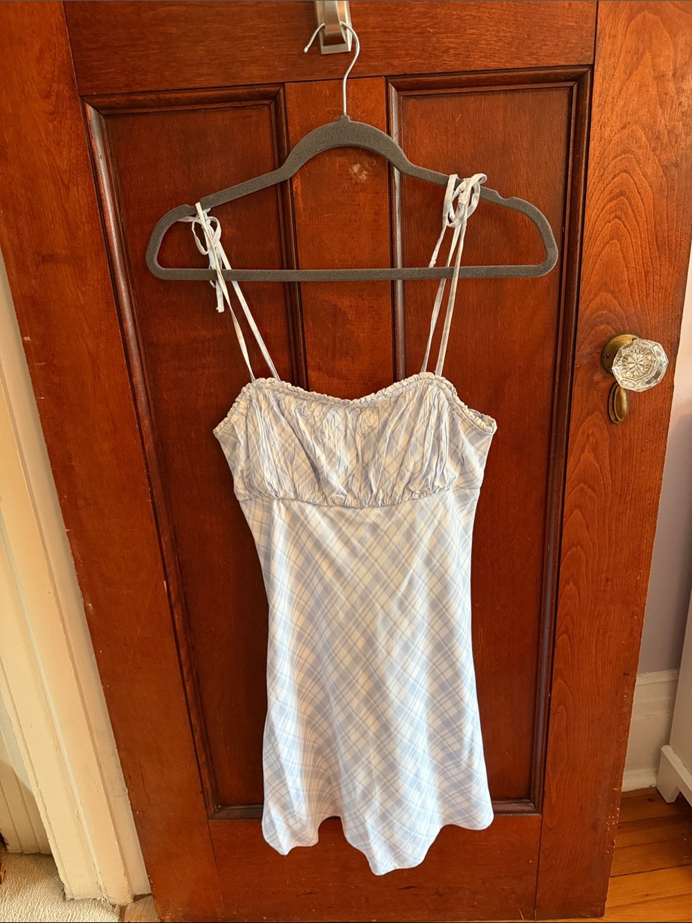 Hollister Light Blue Plaid Tie-Shoulder Mini Dress
